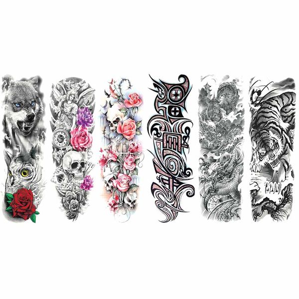 Acheter Unisexe Imperméable Tatouage Temporaire Faux Autocollants Tatoo Horloge Hommes Femmes Crâne Rose Rose Plein Bras Peintures Pour Les Enfants Du