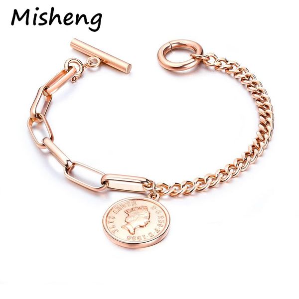

misheng new elizabeth european coin women's bracelet rose gold stainless steel brand jewelry asymmetric link chain trend gift, Black