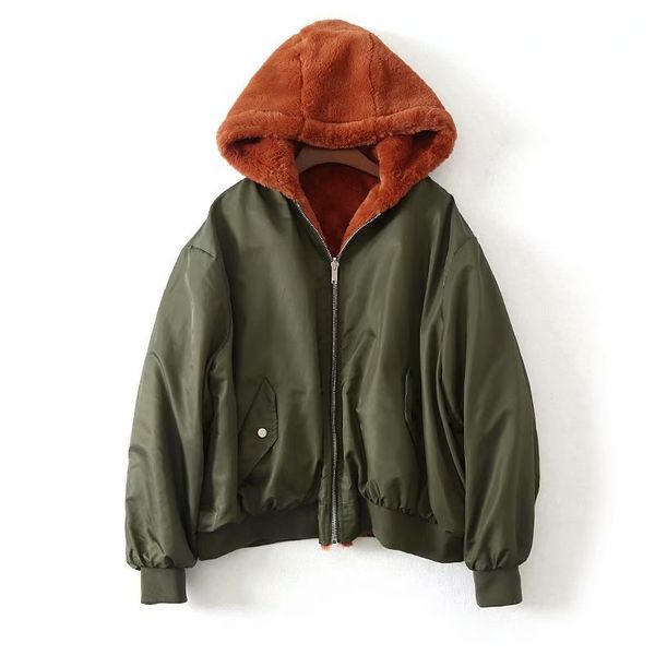 

ozhouzhan 2018 autumn and winter new style reversible hooded zipper flight jacket women's loose-fit slimming coat 014230, Black;white