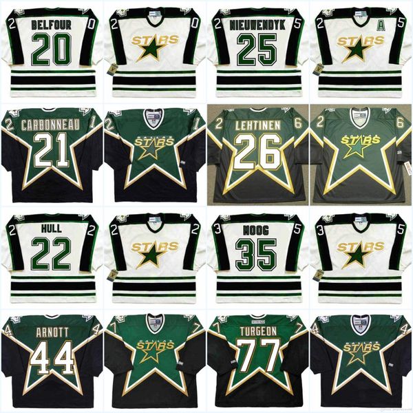 

Dallas Stars Mens 20 ED BELFOUR 1990's 21 GUY CARBONNEAU 22 BRETT HULL 25 JOE NIEUWENDYK 35 ANDY MOOG Vintage Hockey Jerseys