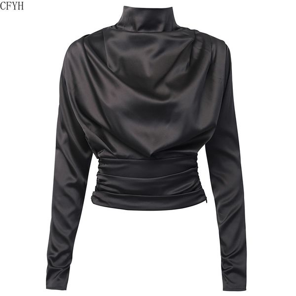 

pink stand collar long sleeve soft satin blouse women cropped fashion elegant hollow out back slim waist ruched blouse, White