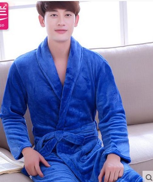 

autumn spring robe men lounge thicken flannel long-sleeve bathrobes coral fleece sleepwear mens winter bathrobe blue navy white, Black;brown