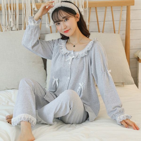 

2019 spring 100% cotton pajama sets for women long sleeve pyjama princess cute lace sleepwear homewear pijama mujer home clothes, Blue;gray