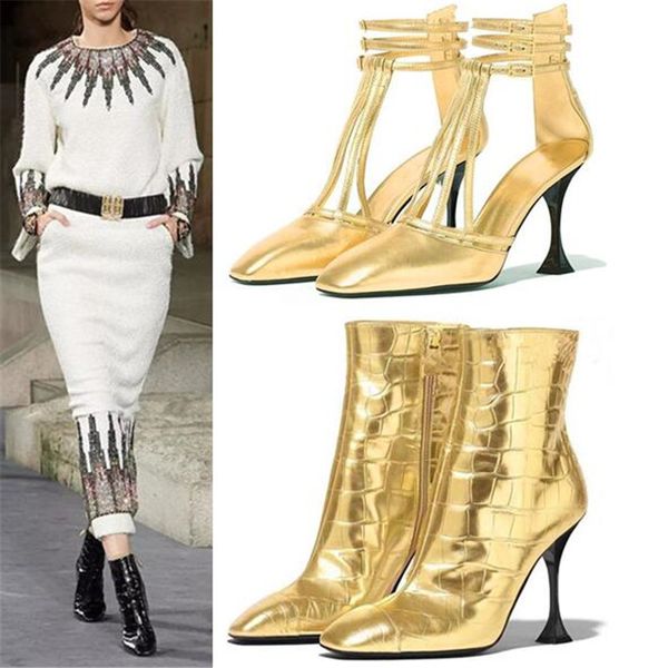 

fashion women autumn winter high heels ankle boots golden bright party wedding prom shoes woman pumps female boots 2019, Black