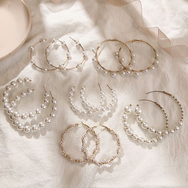 

oversize pearl circle earrings for women girls unique twisted big earrings circle earring brinco statement fashion jewelry, Silver