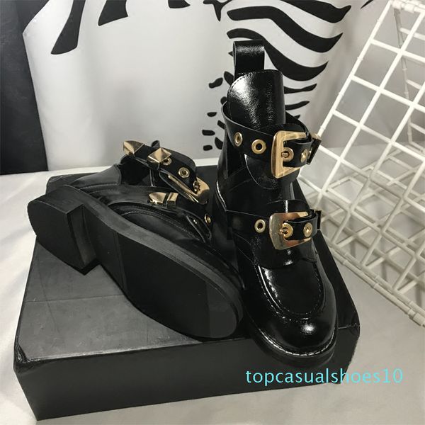 

ankle boots heel short booties gold silver metal buckle design botas woman chaussures femmes runway star boots chic t10, Black