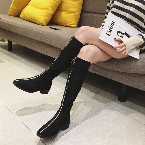 

chunky heel zipper bootee woman 2019 lady boots shoes thigh high heels high martins for women lace up round toe, Black