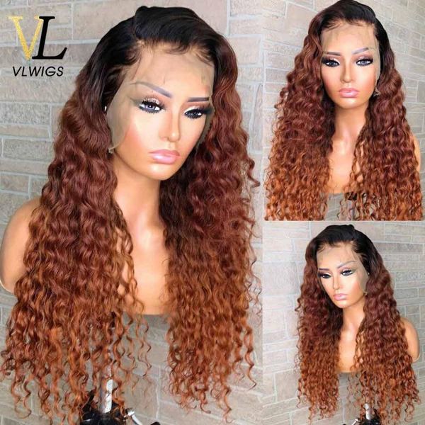 

vlwigs ombre brown 13*4 lace front wigs with baby hair brazilian kinky curly remy human hair glueless wig with pre plucked ry28, Black;brown