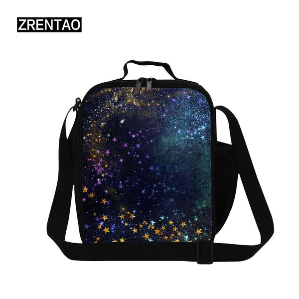 

black/blue universe outer space insulated lunch cooler bag bento box container bag with strap water bottle holder for child, Blue;pink