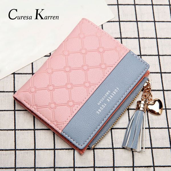 

short female zipper purse patchwork fashion tassel stitching handbags wallets trendy coin purse card holder leather wallet