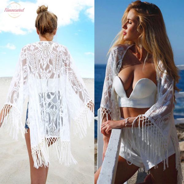 

summer beach blouse women bikini lace tunic hollow out crochet tassel robe cover up kimono cardigan swimsuit, White
