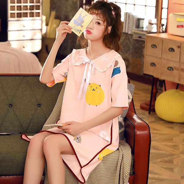 

loose comfortable large size -2xl night skirt cartoon cute and comfortable summer thin section ladies fashion short sleeve, Black;red