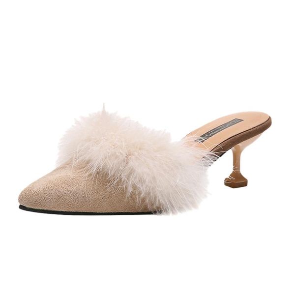 

women's pointed toe lazy furry middle heel slippers sinlge shoes woman fashion lazy shoes casual high heeled slippers, Black
