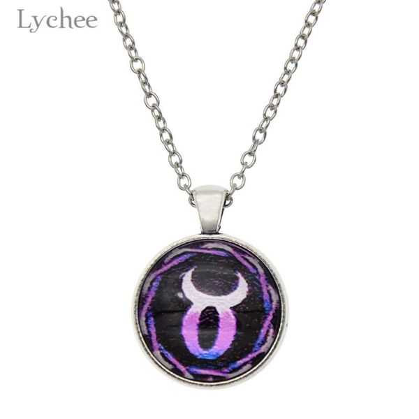 

lychee harajuku purple galaxy 12 zodiac women pendant necklace fashion korean round glass cabochon jewelry decoration, Silver