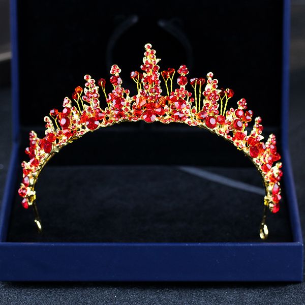 

baroque vintage gold hair accessories red crystal tiaras crowns bridal women headpiece pageant prom wedding hair jewelry gifts, Golden;white