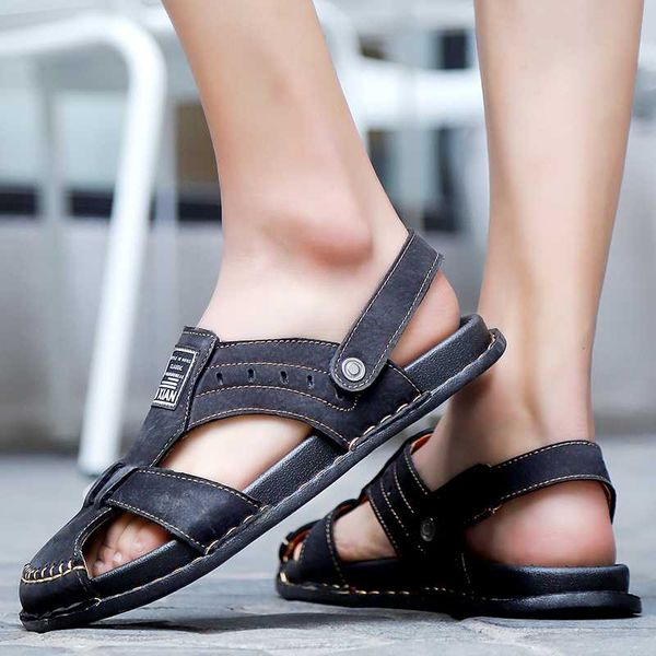 

men genuine leather sandals classic men shoes slippers soft sandals outdoor handmade roman comfortable walking footwear, Black