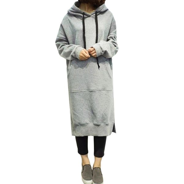 

new women loose long sweatshirt hooded dress solid long sleeve pockets split casual warm dresses mujer vestidos, Black;gray