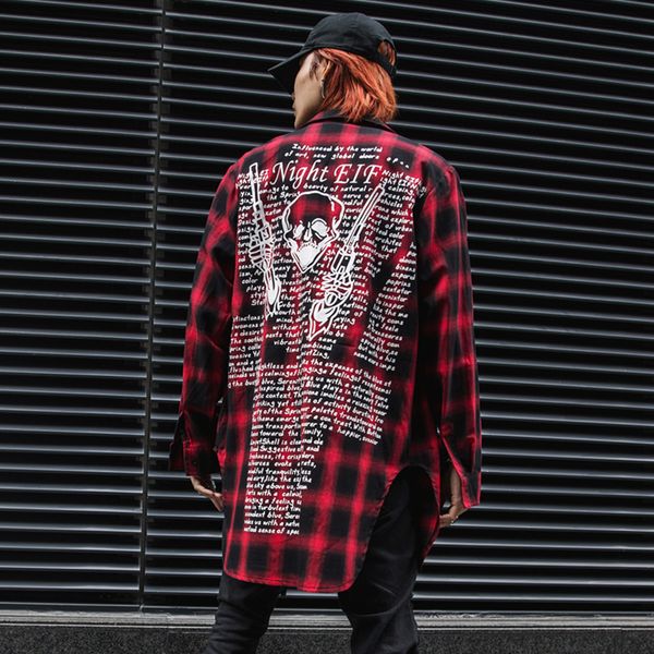 

high street western stylish printed men's plaid shirts hip hop autumn male casual full sleeve shirts cotton oom streetwear, White;black