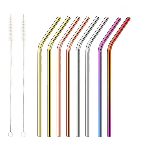 

10pcs 304 stainless steel metal straw reusable multicolor/silver drinking straw with cleaner brush for mugs bar accessories