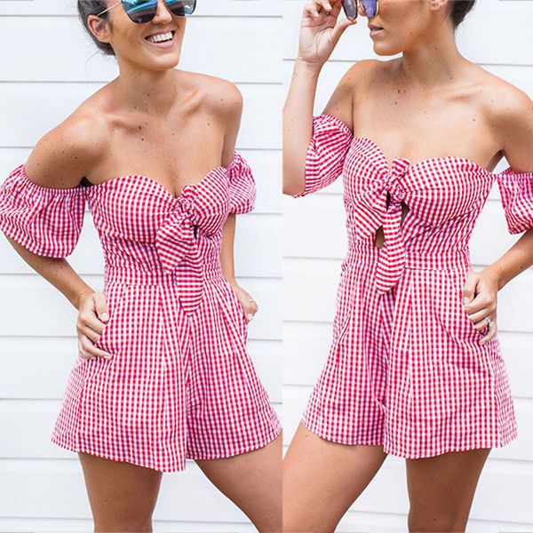 

fashion women bow plaid printed off shoulder holiday mini playsuit strapless lace up short sleeve summer beach jumpsuit shorts, Black;white