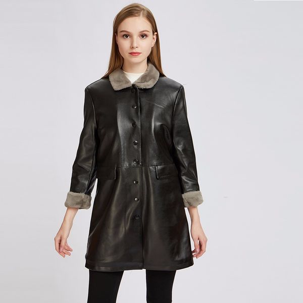 

women's autumn winter leather jacket medium thicken casual leather coat, Tan;black