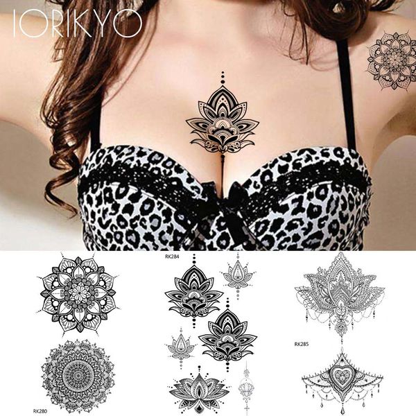 Acheter Iorikyo Henné Dentelle Femmes Noires Tatouage Autocollants Bras Pendentif Fleur Mandala Tatouage Temporaire Mehandi Fille Poitrine Faux