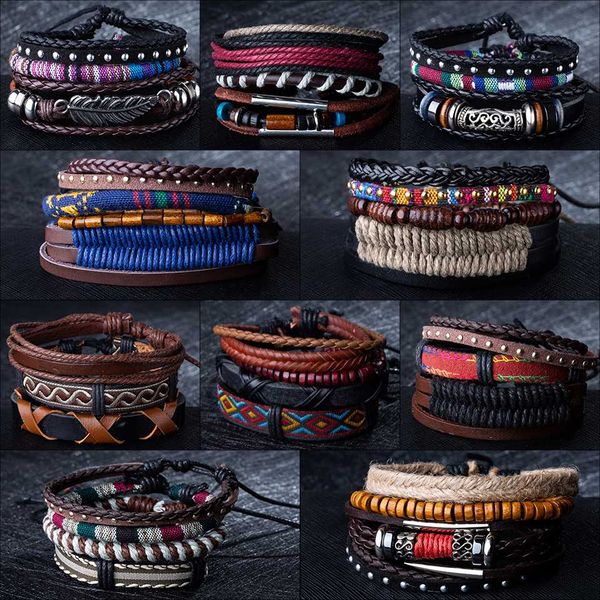 

wholesale 4pcs/lot handmade ethnic tribal genuine rope wrap charming male pulsera black brown braided leather bracelets bangles