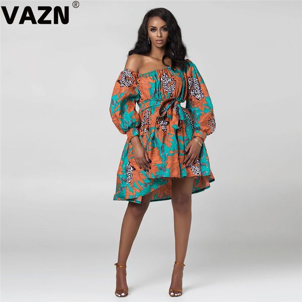 

vazn georgette dress untidy lace up young daily slash neck full sleeve women high waist ball gown mini dress, Black;pink