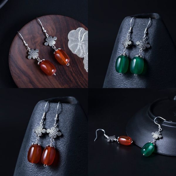 

925 silver tradition china form red agate barrel bead earrings woman chinese style nation wind manual diy temperament ear hook, Golden