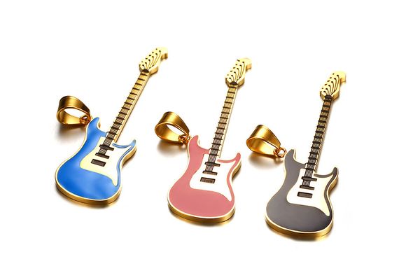 

fashion musical lovers instrument pendants necklace for women men stainless steel red/blue/black enamel guitar necklace jewelry, Silver