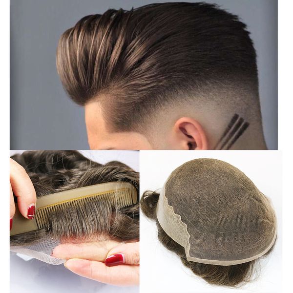 

французский шнурок с кожей поли мужчину toupee фронта шнурок мужчина парик замена система шиньоны человеческих волос дышащего тупеем для муж, Black