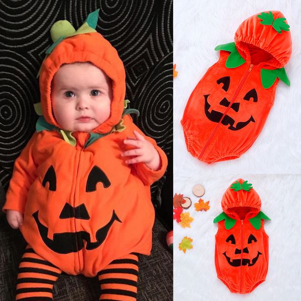 

newborn baby winter clothes kids girls halloween party clothing pumkin print romper zipper hooded long sleeve rompers costume, White