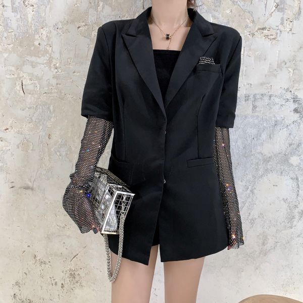

women's suits & blazers seiwnibu summer solid blazer for women long sleeve diamond patchwork elegant coat female fashion clothing 2021, White;black