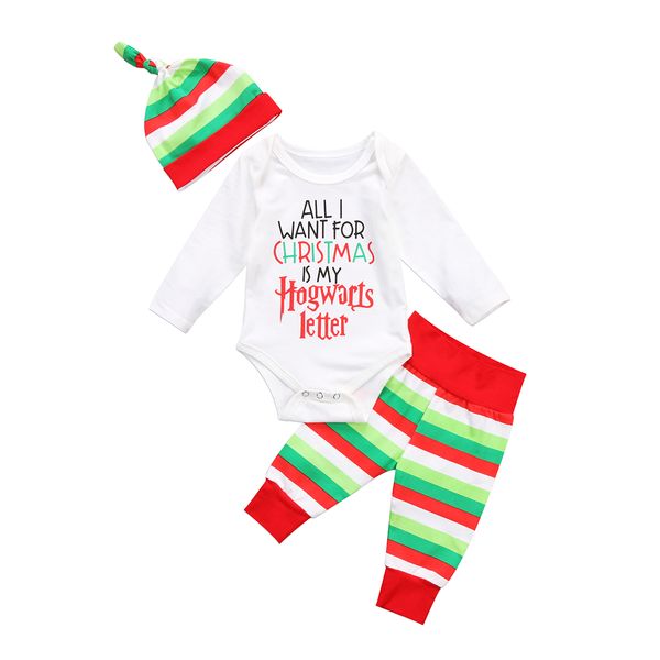

3 Pcs Babies Christmas Clothing Set Baby Boy Girl Letter Outfits Clothes Sets Bodysuit Striped Pants Hat Xmas