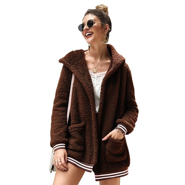 

original design winter women's 2020 new fashion casual hooded fur coat long solid color versatile simple top, Black;brown