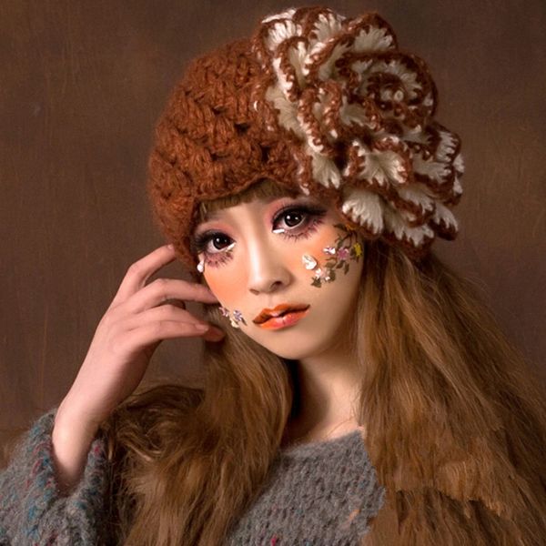 

bomhcs big flower women winter warm beanie 100% handmade knit crochet hat caps gift