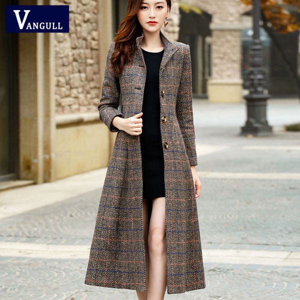 

vangull woolen coat women classic long wool coats 2019 new wool jackets trench winter outerwear plaid woman coats y190926, Black