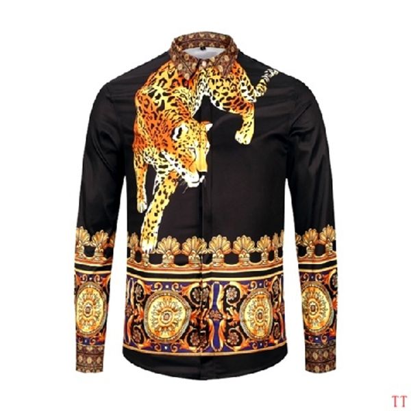 

men shirt slim fit fashion animal printed mens dress shirts masculina vs long sleeve shirt men clothes, Black
