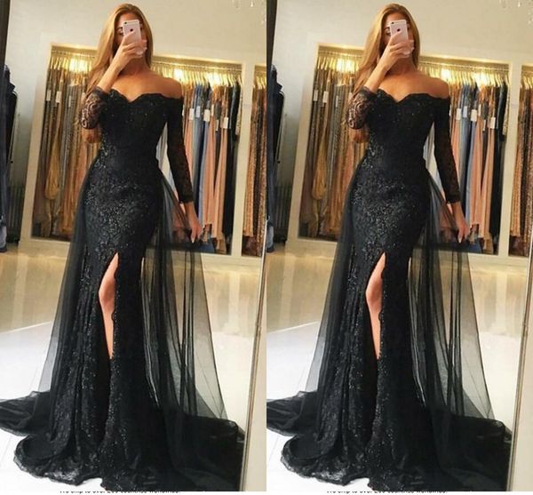 

2019 new arrival mermaid evening dresses off shoulder applique long sleeves formal evening gowns dresses evening wear robes de soirée, Black;red