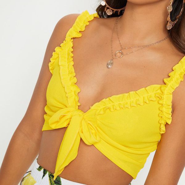 

women 2019 fashion halter with bow tie high street solid yellow purple color deep v neck clothes, White