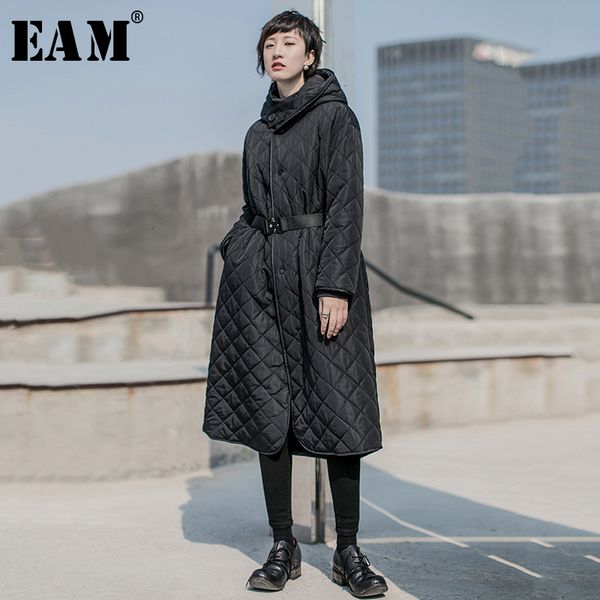 

eam] hooded black big size warm cotton-padded coat long sleeve loose fit women parkas fashion new autumn winter 2019 19a-a822