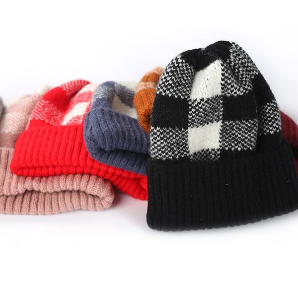 

hats winter gga2540 7colors caps knit plaid women knitted hat striped wool trendy warm outdoor beanies crochet cap thick pxvfg, White;black
