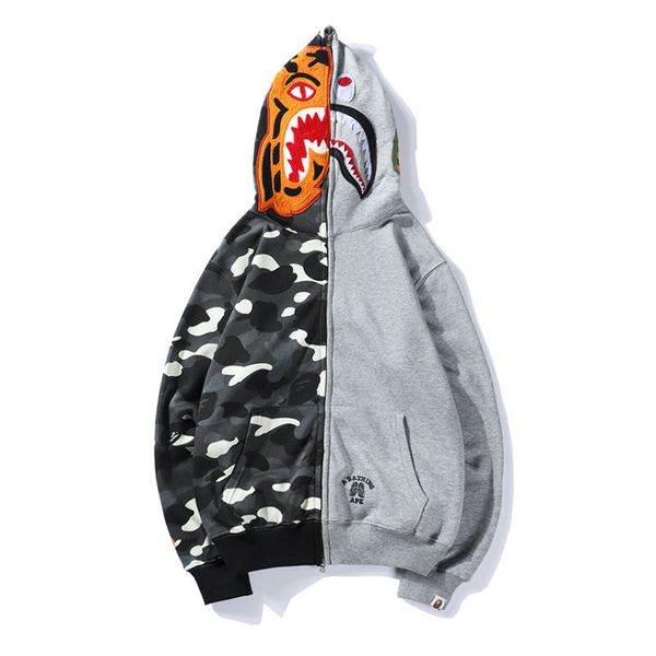 

mens designer hoodie hip hop brand zipper jacket hoodie for youth streetwear luxury sweater contrast color style shark pattern print coat, Black