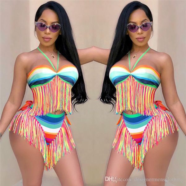 

sexy 2pcs кисточка женщины бикини лето холтер щитовые backless купальники женщины купальные костюмы женских полосатые тощие купальники, White;black