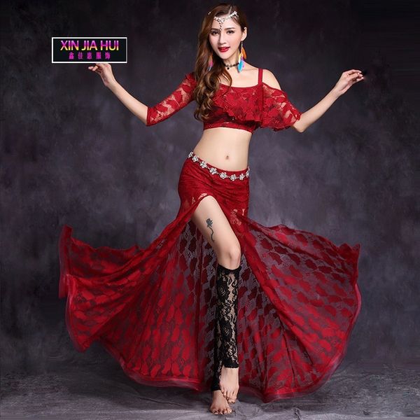 

new pattern belly dance lace camisole vent longuette suit show performance clothing danse orientale bellydance, Black;red