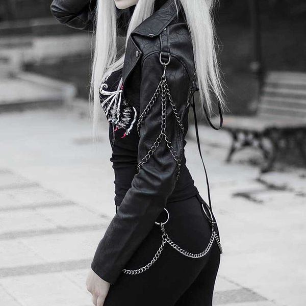 

punk chain faux leather jackets women autumn gothic short outerwear streetwear motorcycle jacket cool lace up casual black coat, Black;brown