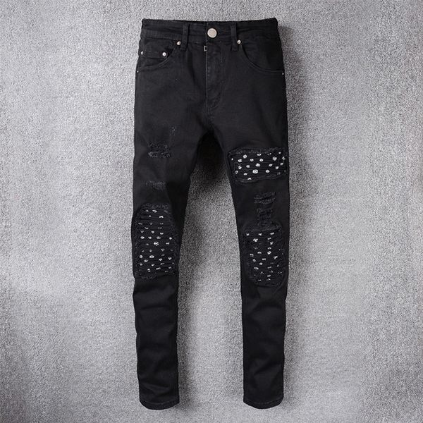 

new men's black jeans distressed patch stitching pants casual feet slim denim trousers skinny jeans men, Blue
