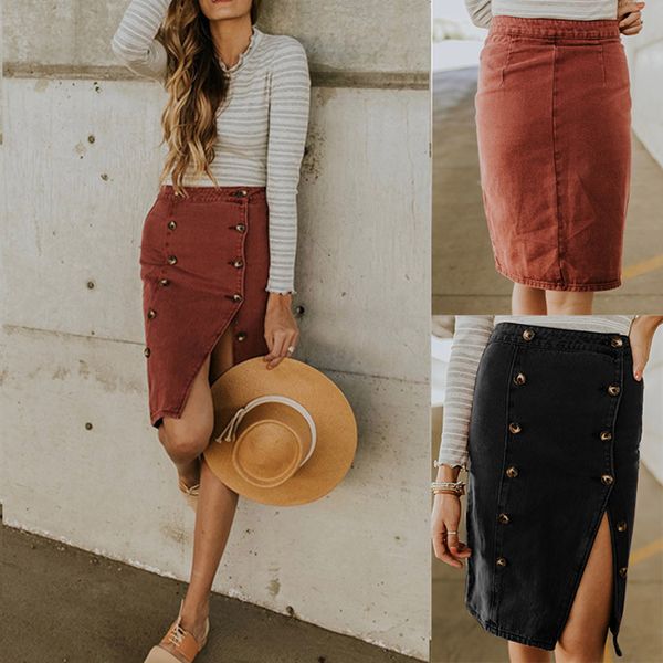 

2019 new skirt women fashion elastic button denim open casual boot cut skirt vadim shein harajuku faldas saia jupe femme #c, Black