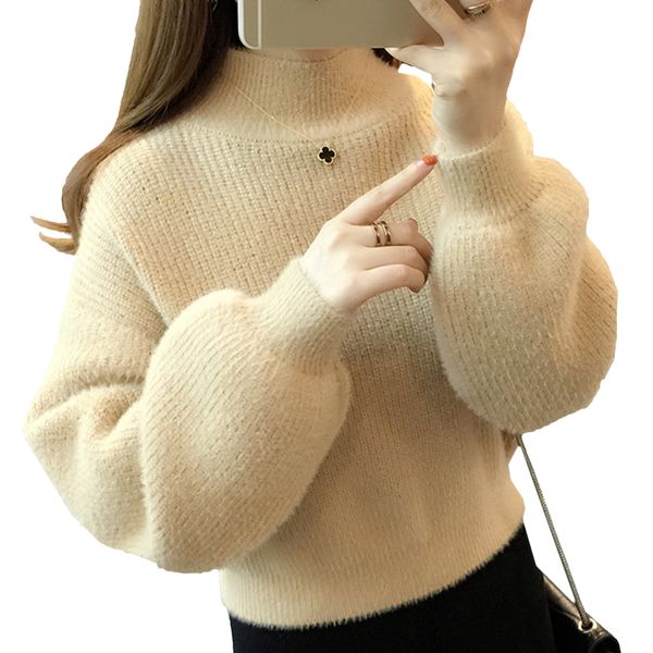 

warm soft sweater women winter turtleneck lantern sleeves jumper fashion knitted pullovers casual solid color mohair sweaters, White;black