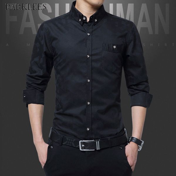 

black slim fit shirt men 2019 spring new long sleeve button down dress shirts mens business casual pocket shirt for male youth, White;black